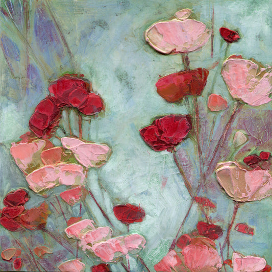 : Limited edition archival giclee print of clusters of pink and deep red poppy blooms with textured impasto petals scattered across a soft turquoise-green background with lavender undertones