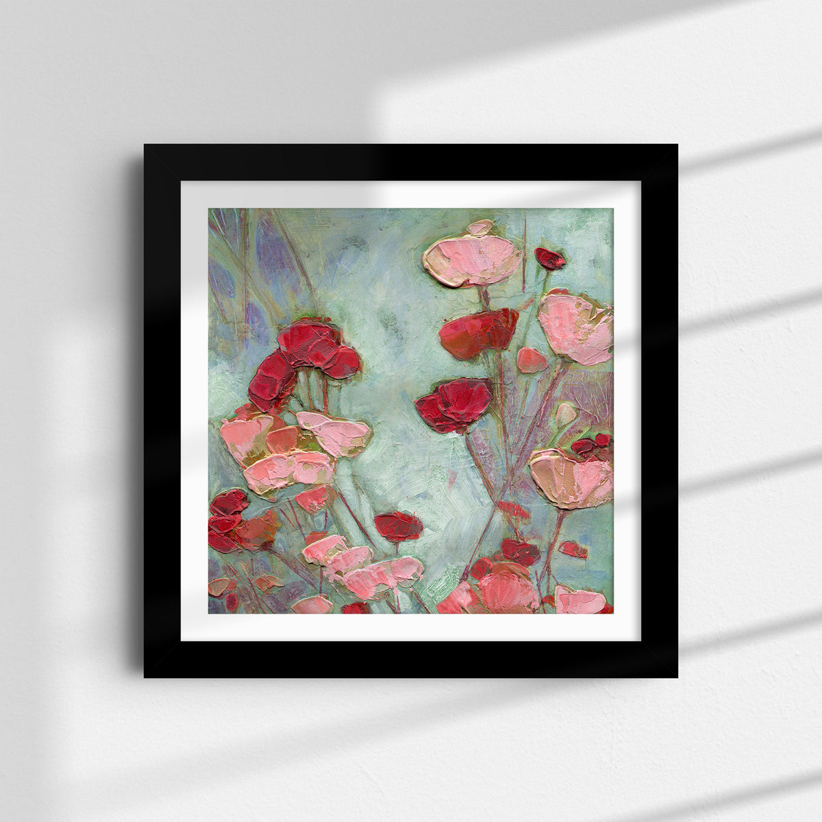 Summer Pinks and Reds framed matte paper print in black frame, 6x6 inches, red and pink poppy flowers