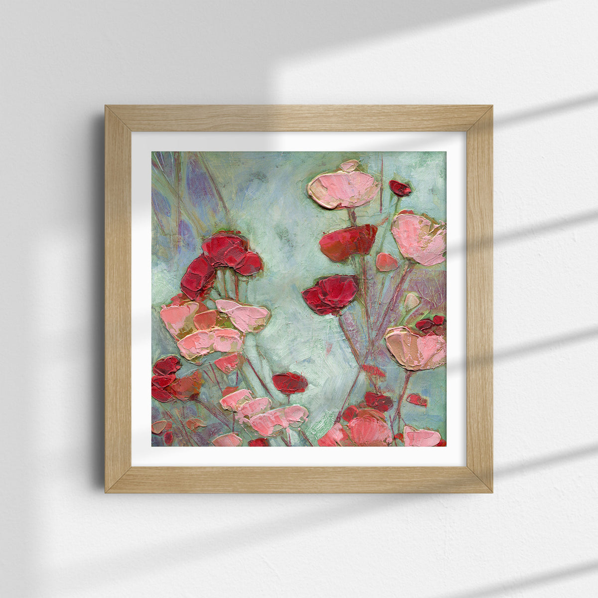 Summer Pinks and Reds framed matte paper print in natural wood frame, 6x6 inches, red and pink poppy flowers
