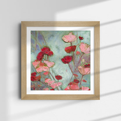 Summer Pinks and Reds framed matte paper print in natural wood frame, 6x6 inches, red and pink poppy flowers