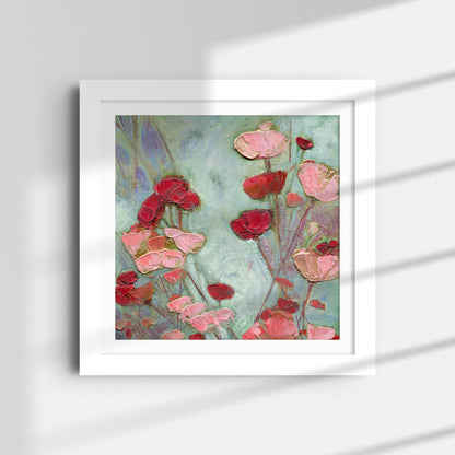 Summer Pinks and Reds framed matte paper print in white frame, 6x6 inches, red and pink poppy flowers