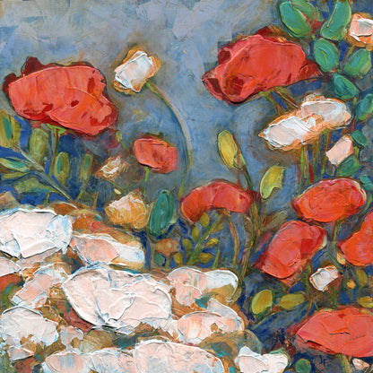 Limited edition archival giclee print of coral-orange and white poppies with green seed pods and foliage against a blue-grey background with warm golden undertones and expressive impasto brushwork