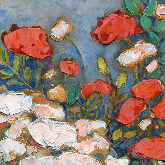Artistic depiction of red and white poppy flowers and green leaves on a textured surface