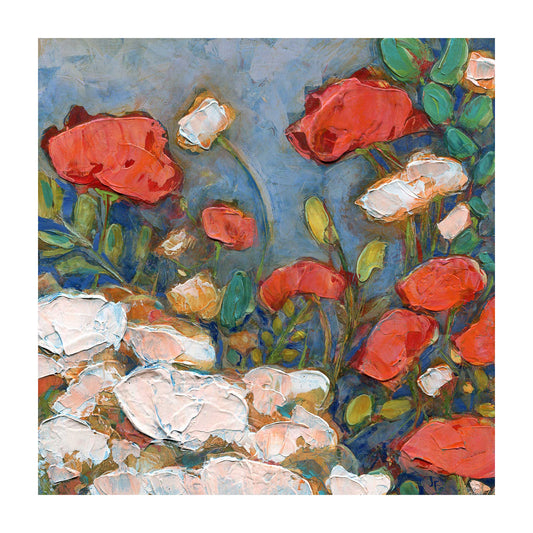 Archival giclee print of coral-orange and white poppies with green seed pods and foliage against a blue-grey background with warm golden undertones with 1-inch white border, 12x12 inch image size