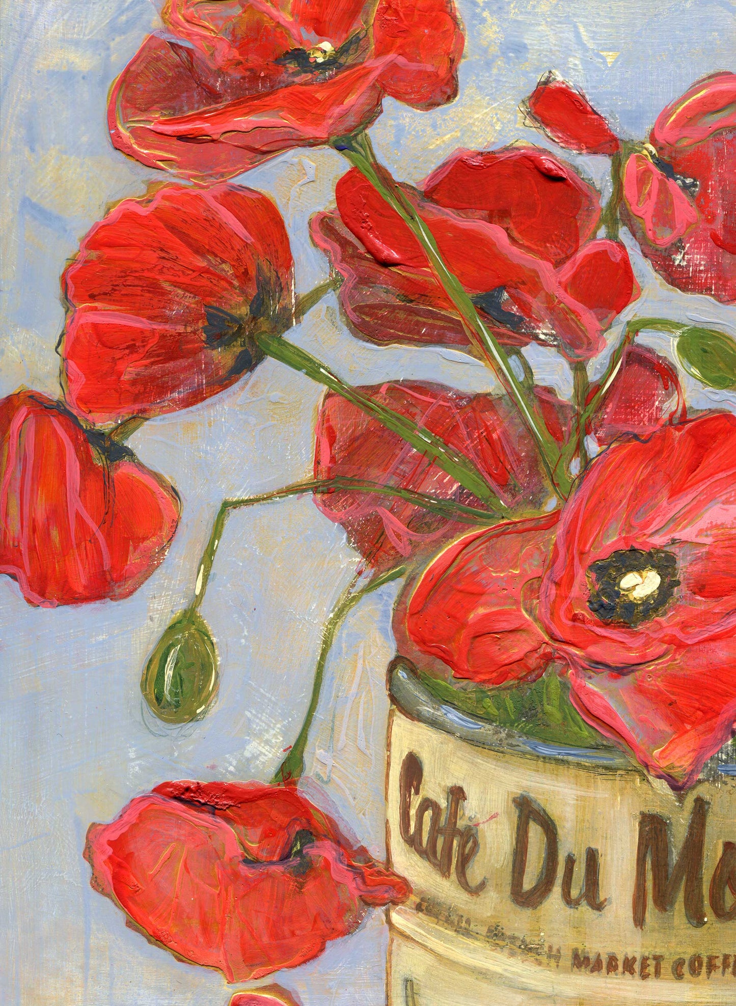 Red Poppies In A Can - Cafe Du Monde - Original Acrylic Painting