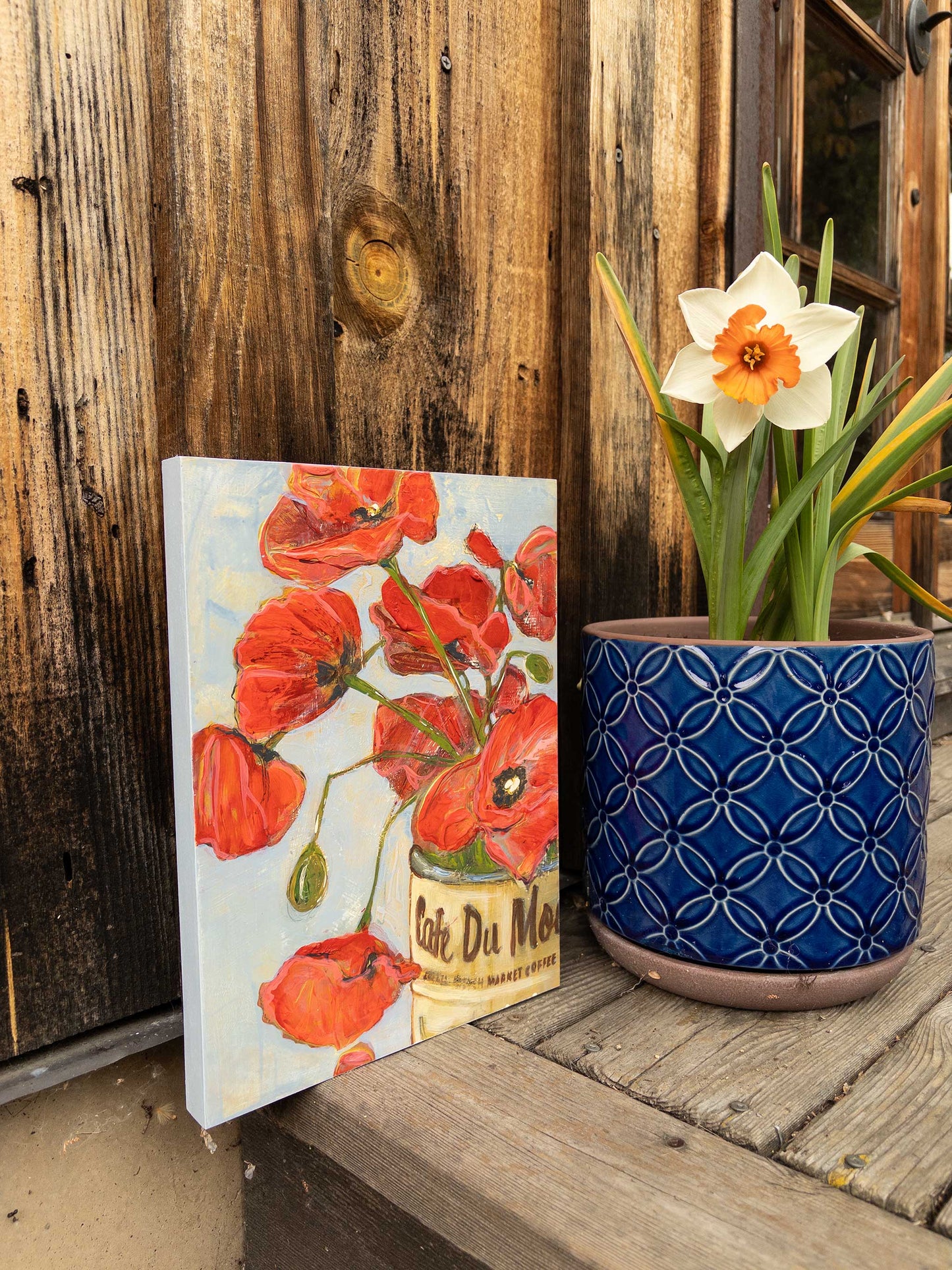 Red Poppies In A Can - Cafe Du Monde - Original Acrylic Painting