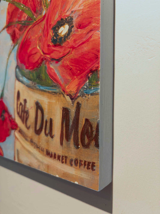 Red Poppies In A Can - Cafe Du Monde - Original Acrylic Painting