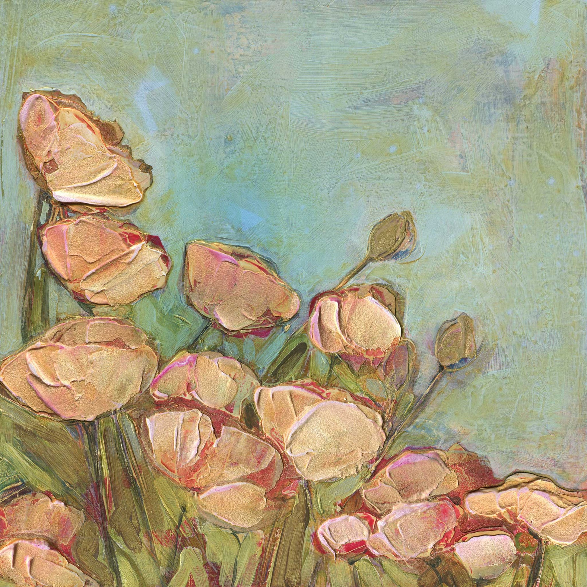 Original acrylic painting of peach and cream poppies with iridescent gold paint and pink-red petal edges, thick impasto texture, rising from sage green stems against a layered sage and aqua background.