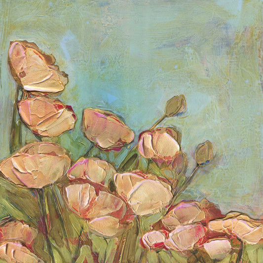 Original acrylic painting of peach and cream poppies with iridescent gold paint and pink-red petal edges, thick impasto texture, rising from sage green stems against a layered sage and aqua background.