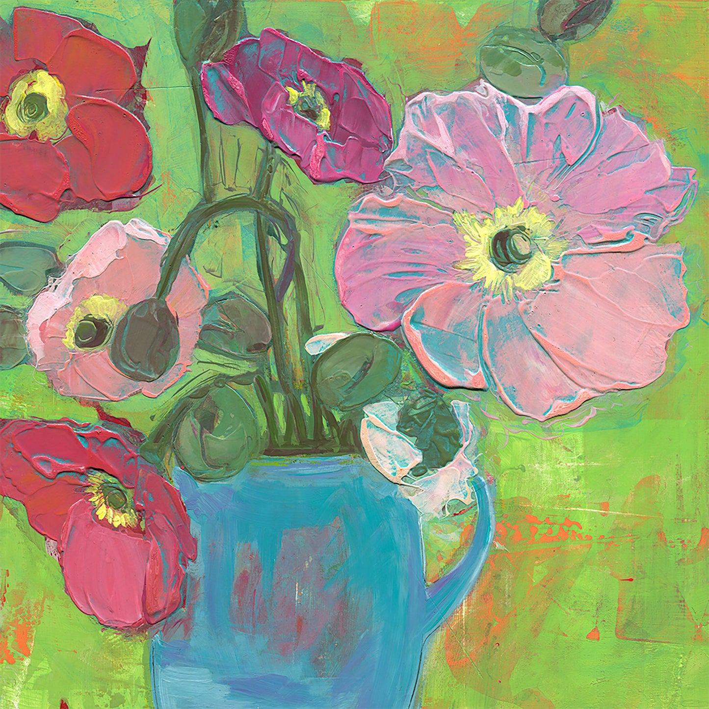 Colorful acrylic painting with heavy texture of poppies in pink, red, and fuchsia in a light blue ceramic cup with drooping poppy buds on a chartreuse green background, with hints of orange peeking through.