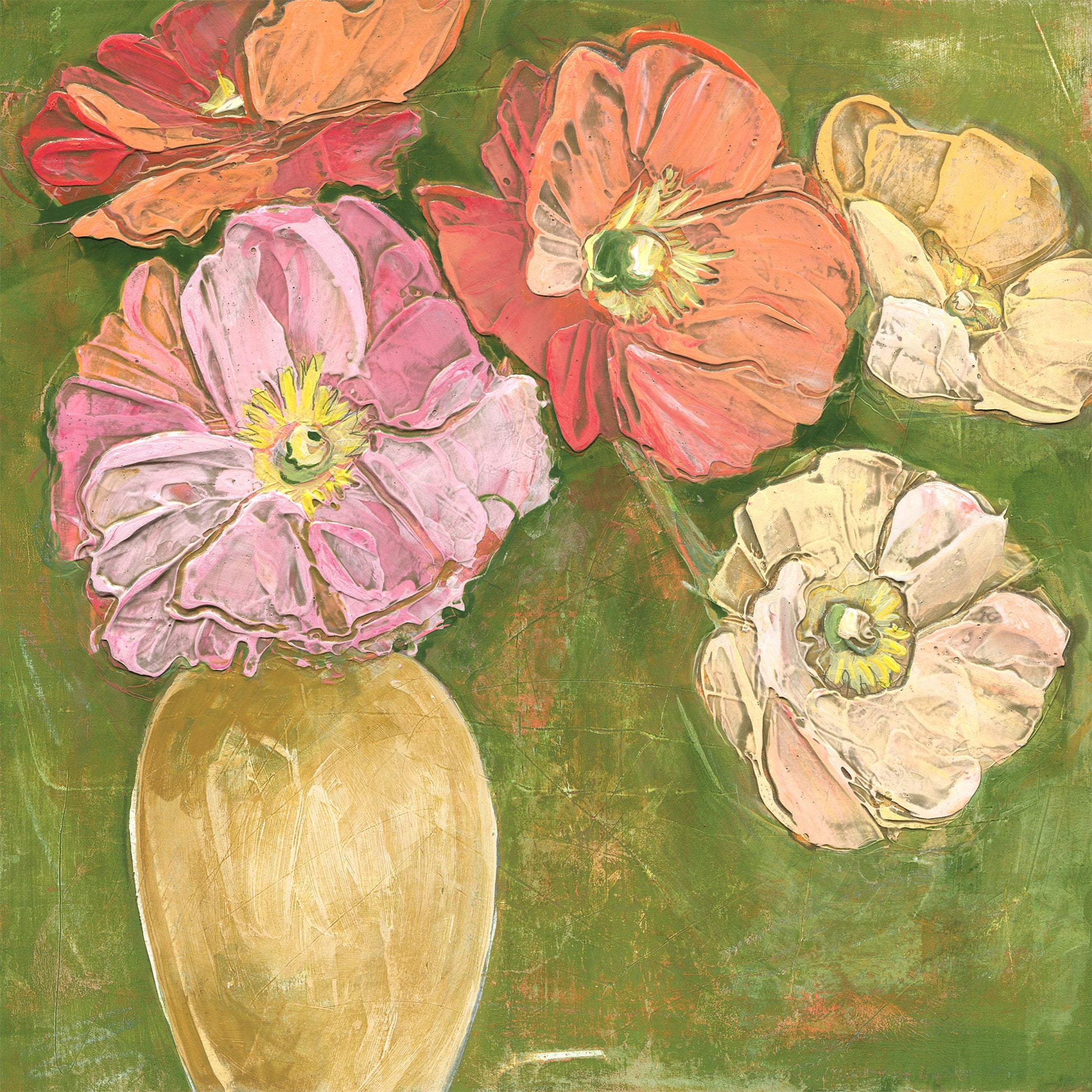 Textured acrylic painting featuring salmon pink, white, and light pink poppies with yellow centers in a yellow vase on a warm green background.