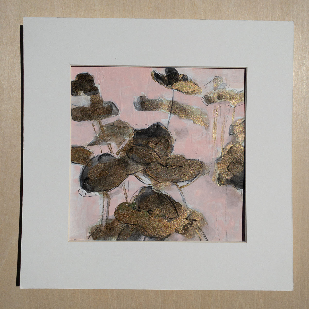Bronze Poppies I - Mixed Media on Paper, 8x8 inch