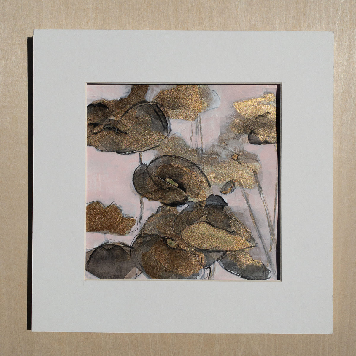 Bronze Poppies IV - Mixed Media on Paper, 8x8 inch