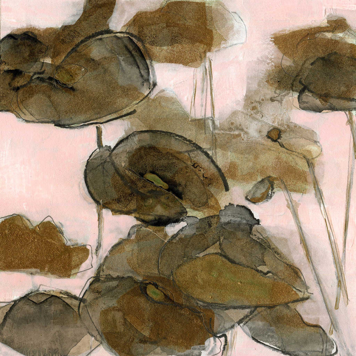 Bronze Poppies IV - Mixed Media on Paper, 8x8 inch