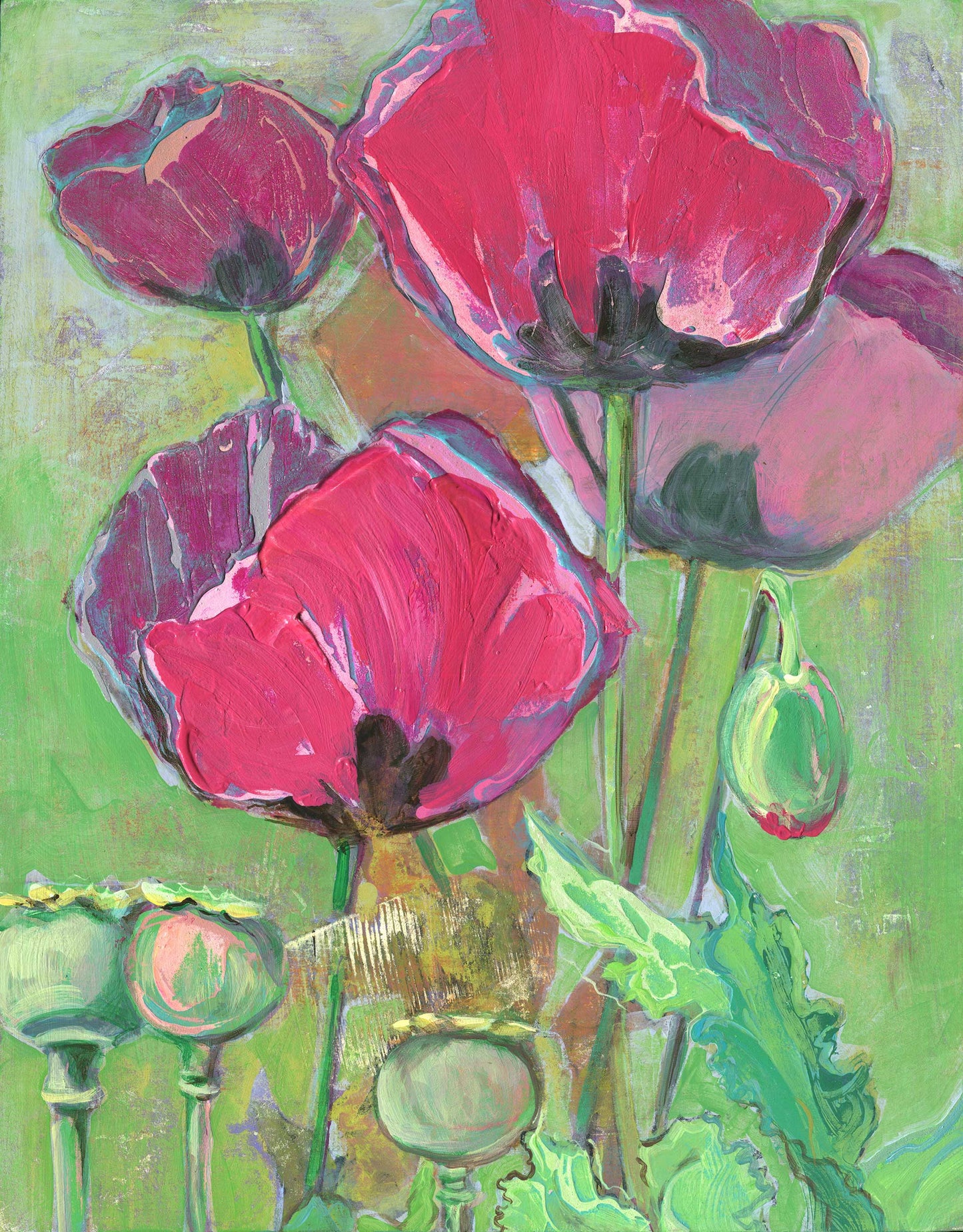 Limited edition archival giclee print of large magenta and red poppies with green seed pods and foliage on a bright green layered background in portrait format, first in the Poppy Dreams series