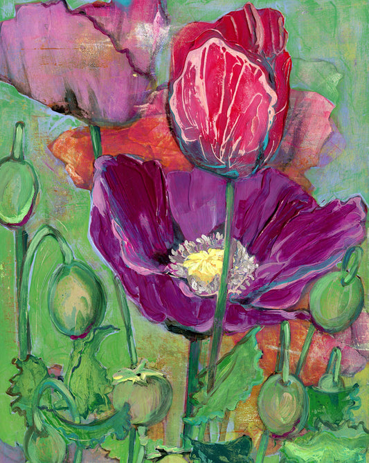 Limited edition archival giclee print of magenta and deep red poppies with seed pods and layered foliage on a bright green background in portrait format, third in the Poppy Dreams series
