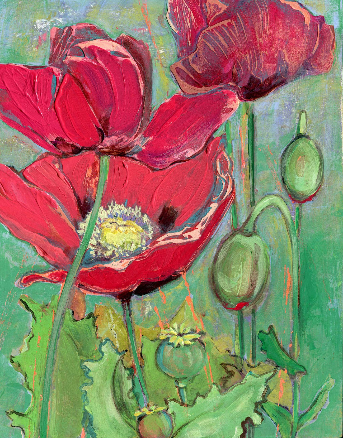 Limited edition archival giclee print of large red poppies with open centers and detailed seed pods and foliage against a bright green layered background in portrait format, fourth in the Poppy Dreams series