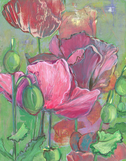 : Limited edition archival giclee print of hot pink and magenta poppies with seed pods on a bright green background in portrait format, fifth in the Poppy Dreams series