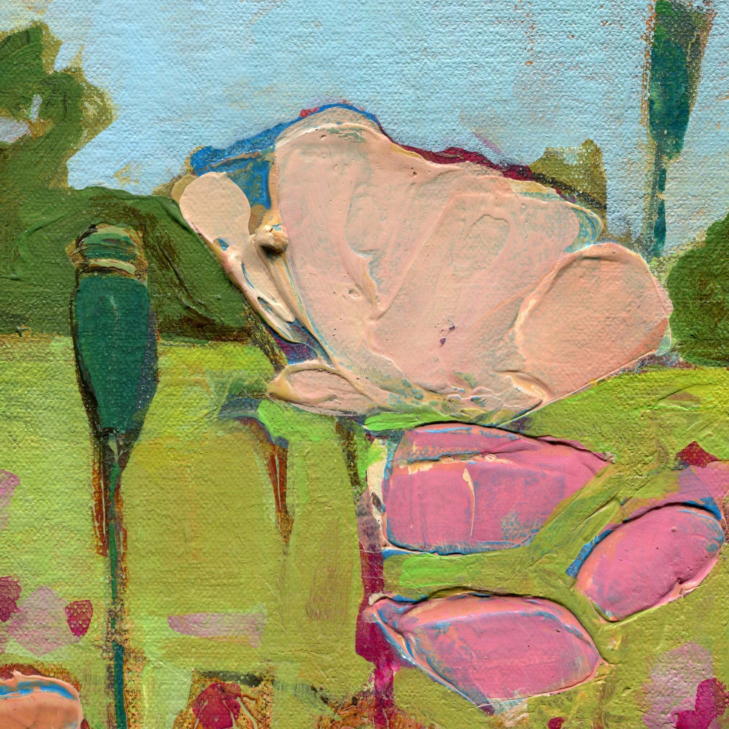 Close-up of an expressive painting featuring a large pale pink flower with layered brushstrokes in green, blue, and pink, with additional pink flower forms below.