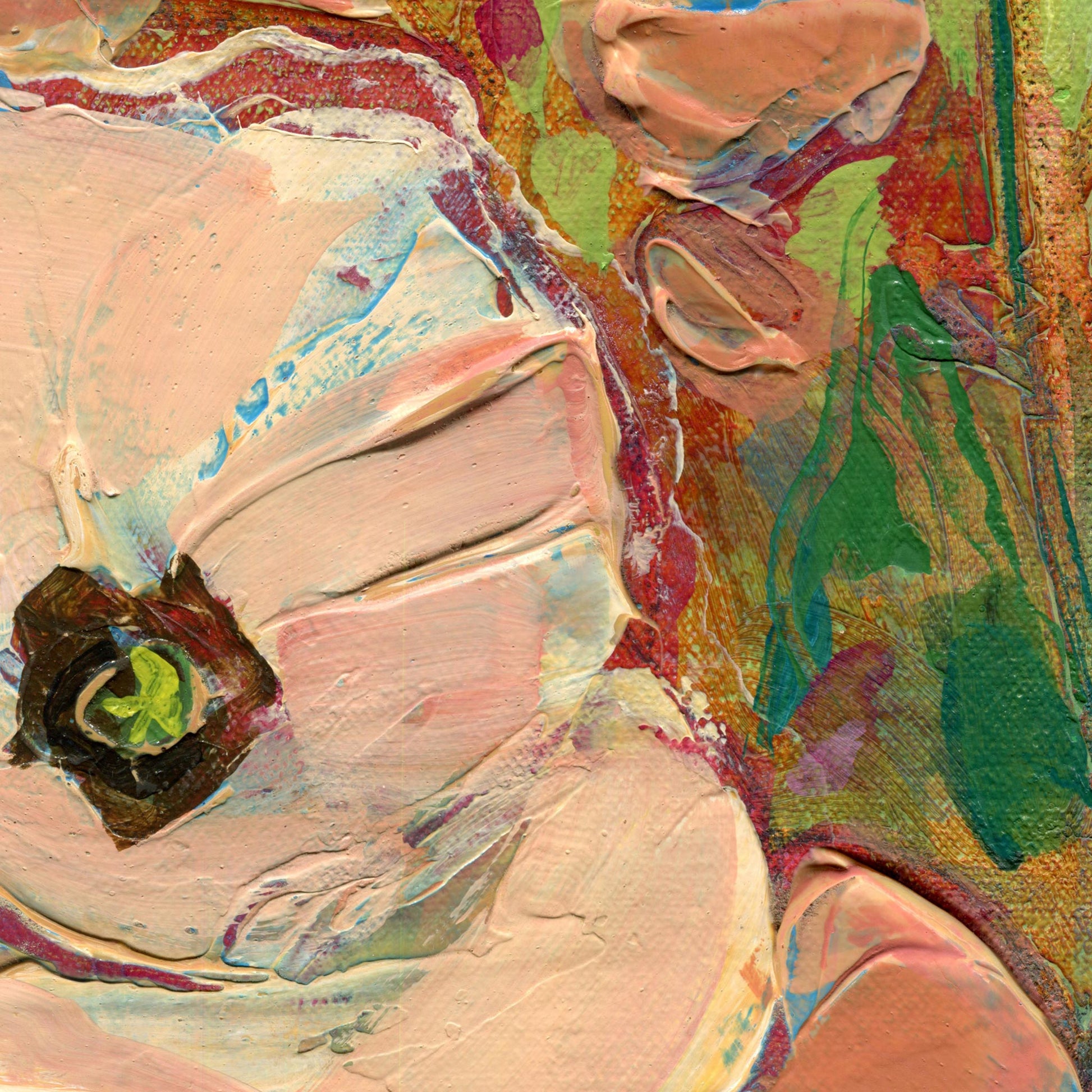 Close up showing texture of an original acrylic painting of blush pink and white poppies with dark centers in a green meadow against a distant tree line and pale blue sky, panoramic format