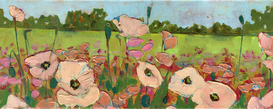 Original acrylic painting of blush pink and white poppies with dark centers in a green meadow against a distant tree line and pale blue sky, panoramic format