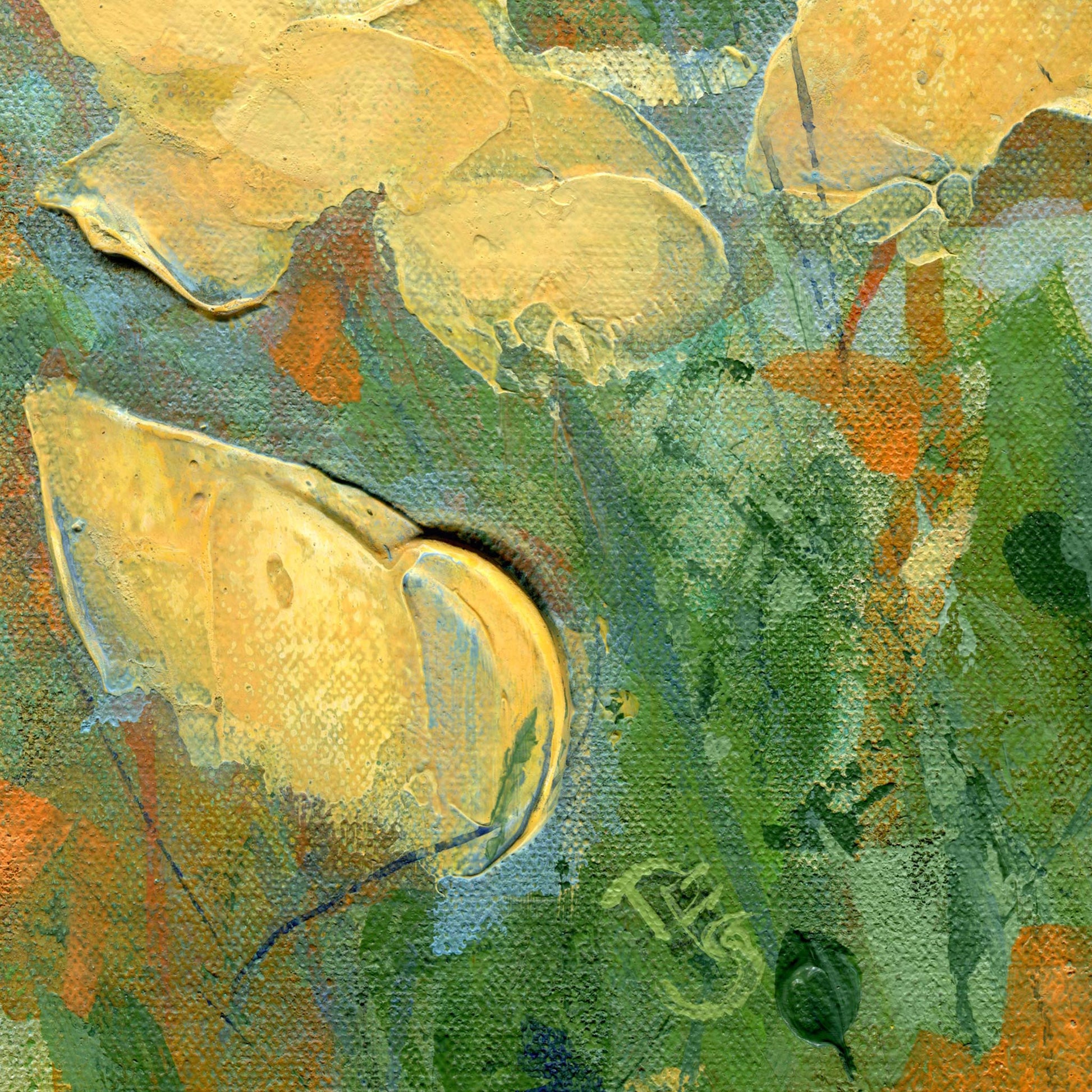 Detail image of paint texture in an original acrylic painting of golden California poppies. Includes detail of painted initial by artist.