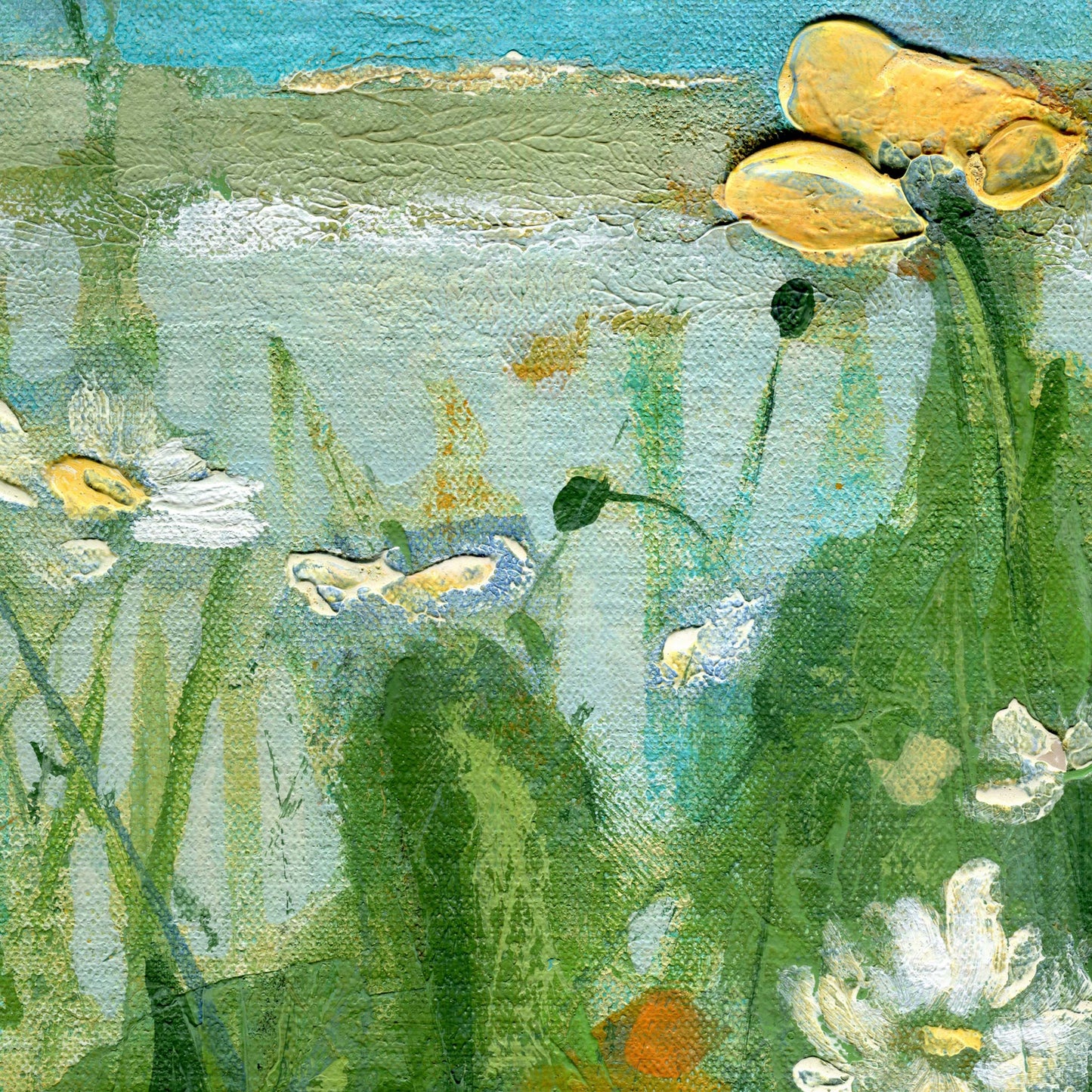 A close-up of an impressionistic painting depicting green grasses and white flowers with yellow poppy-like blossoms against a pale blue-green background.