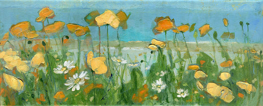Original acrylic painting of golden California poppies and white daisies against a coastal landscape of blue sky, turquoise sea, and pale sand, panoramic format