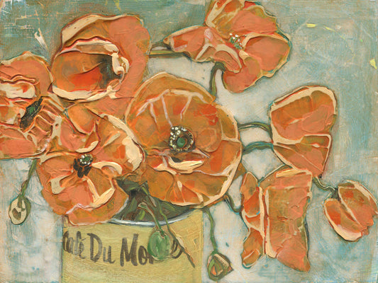 Poppies in a Can Café du Monde II, original acrylic painting by Denise Souza Finney, orange texturally painted poppies in a yellow can labeled Café du Monde