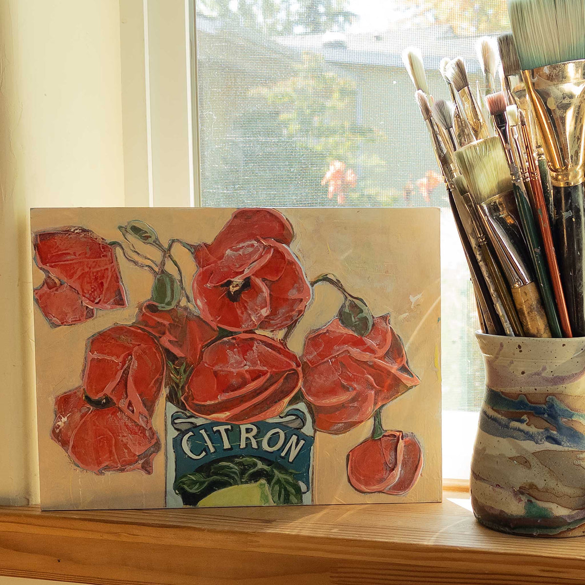 Poppies in a Can Citron I — Original Acrylic Painting