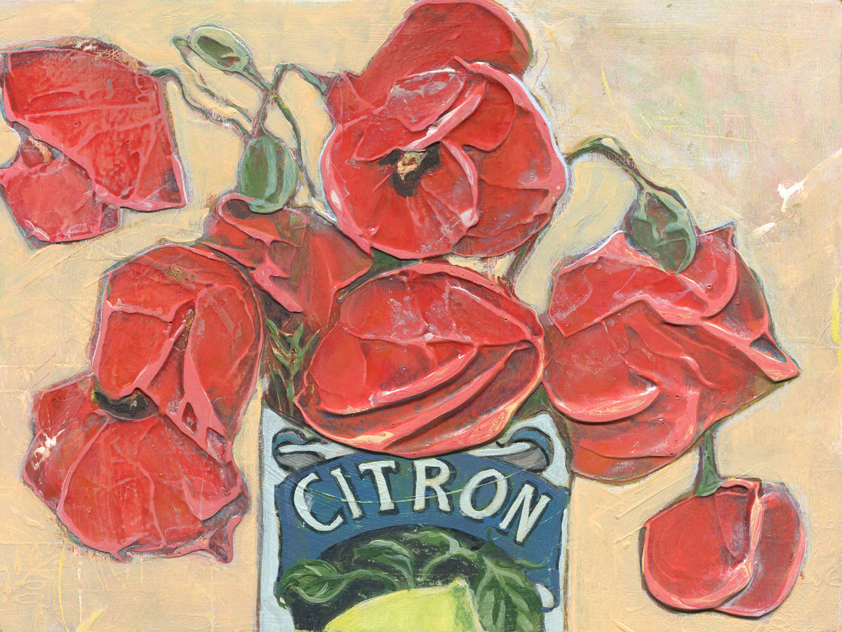 Poppies in a Can Citron I — Original Acrylic Painting
