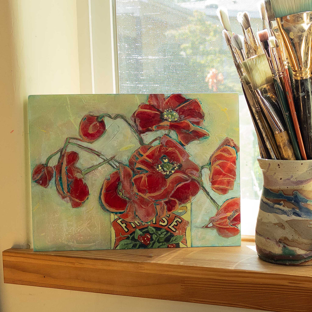 Poppies in a Can Fraise II — Original Acrylic Painting