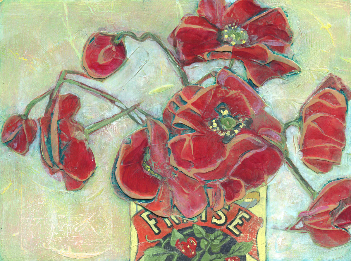 Poppies in a Can Fraise II — Original Acrylic Painting