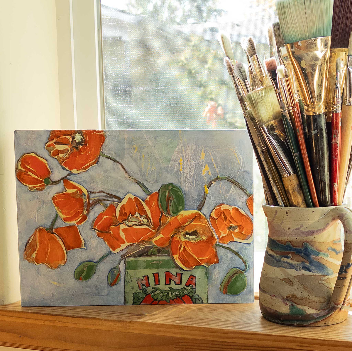 Poppies in a Can Nina I — Original Acrylic Painting