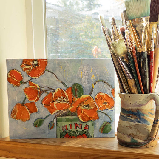 Poppies in a Can Nina I, original acrylic painting by Denise Souza Finney, orange poppies with yellow accents in a green can labeled Nina