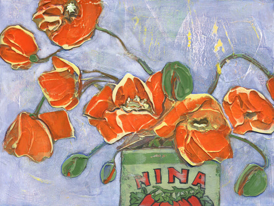 Poppies in a Can Nina I, original acrylic painting by Denise Souza Finney, orange poppies with yellow accents in a green can labeled Nina