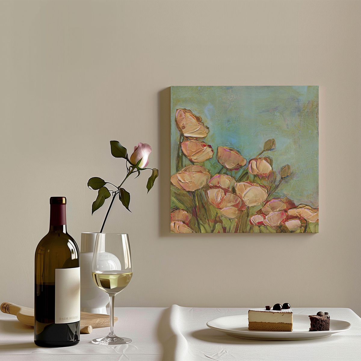 Peach Poppies in a Warm Breeze shown in a styled room setting, peach and cream poppies with iridescent gold paint and pink-red petal edges