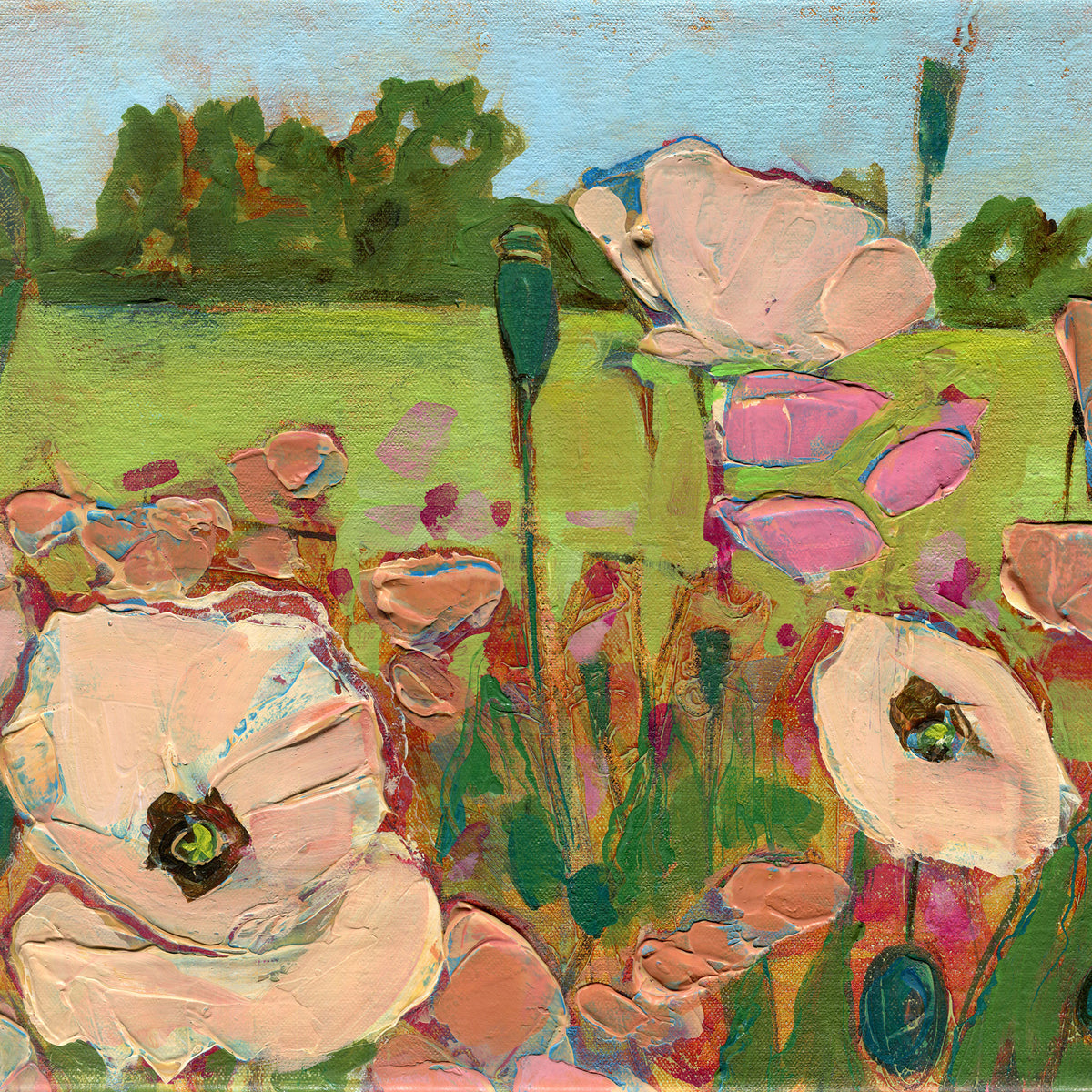 Pink Poppies At The Meadow's Edge — Original Acrylic Painting