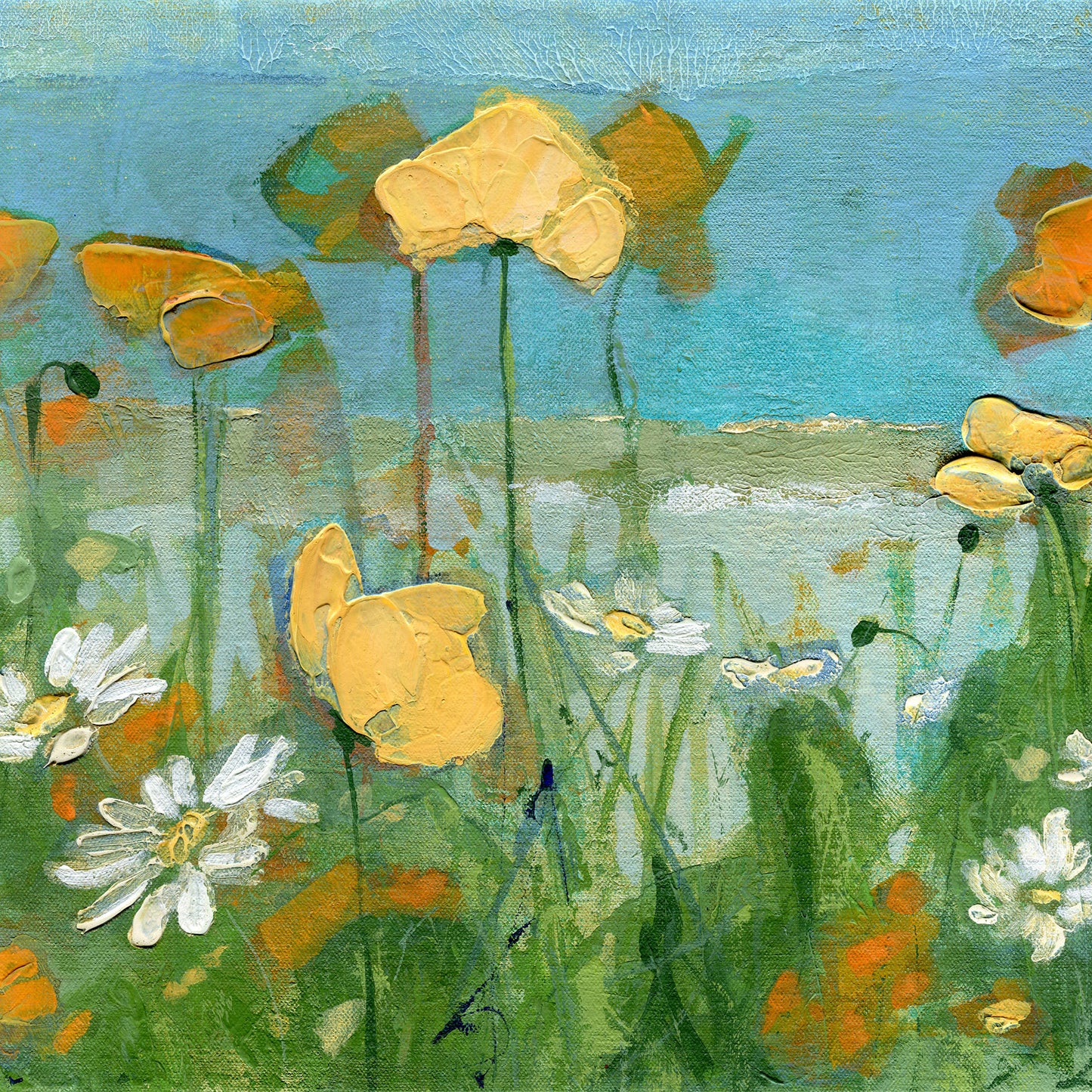 Golden Poppies on the Shoreline — Original Acrylic Painting