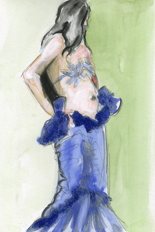 mixed media painting of a woman with dark black hair in a dark blue ruffled dress and light blue flower bikini top posing standing upright on a light green background