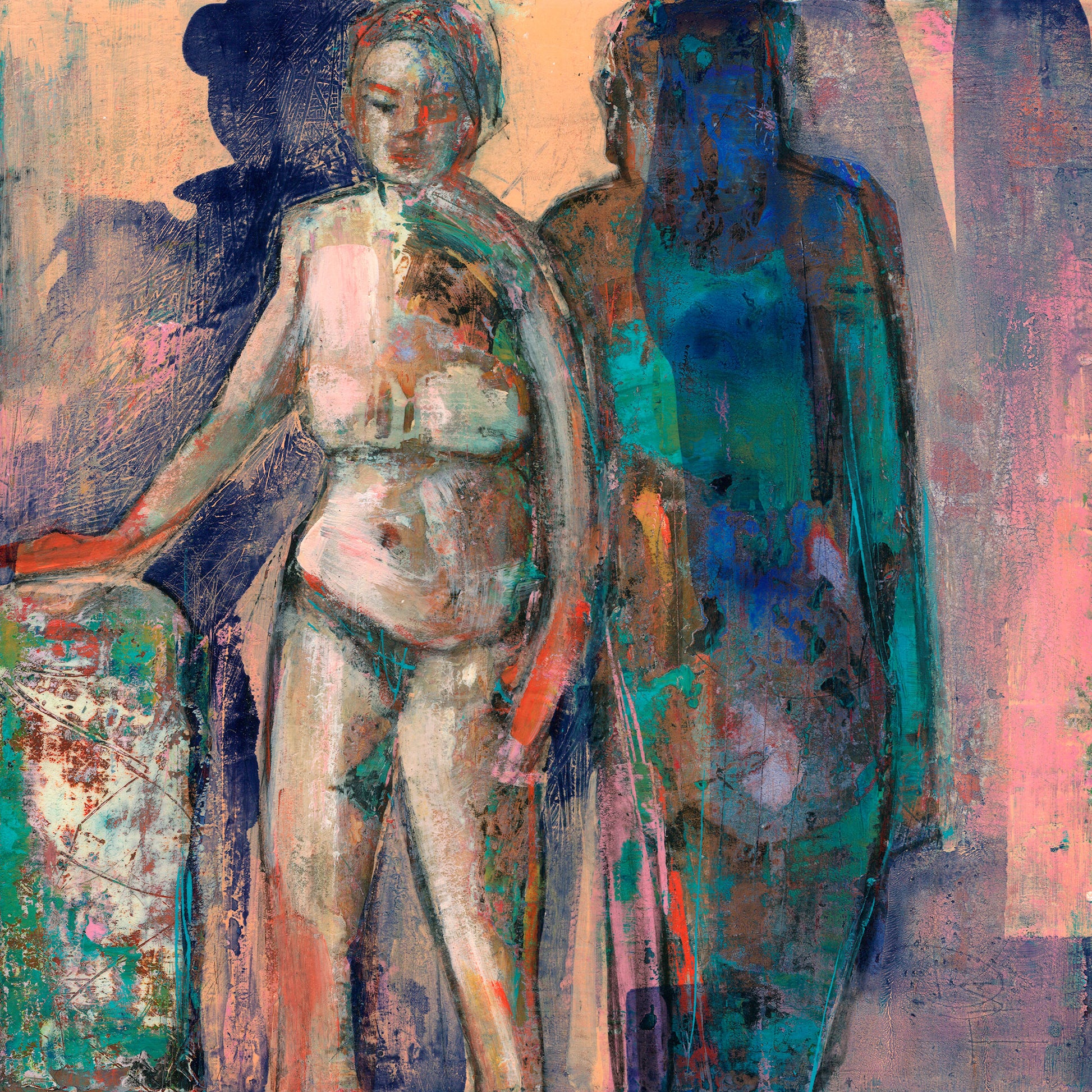 Acrylic painting of a standing female nude with one hand resting on a pedestal, depicted in a semi-abstract style.The colors are a blend of pink, blue, and aqua green, creating a textural mixture. There are two dark blue shadows: one is full length to the right of the figure, and the other is to the left behind her head.