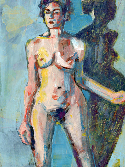 Acrylic painting of a standing female nude with dark, short, curly hair. The figure is facing forward with one arm bent. There is a dark bluish-purple shadow behind the realistically painted figure, using a variety of colors against a light blue background.