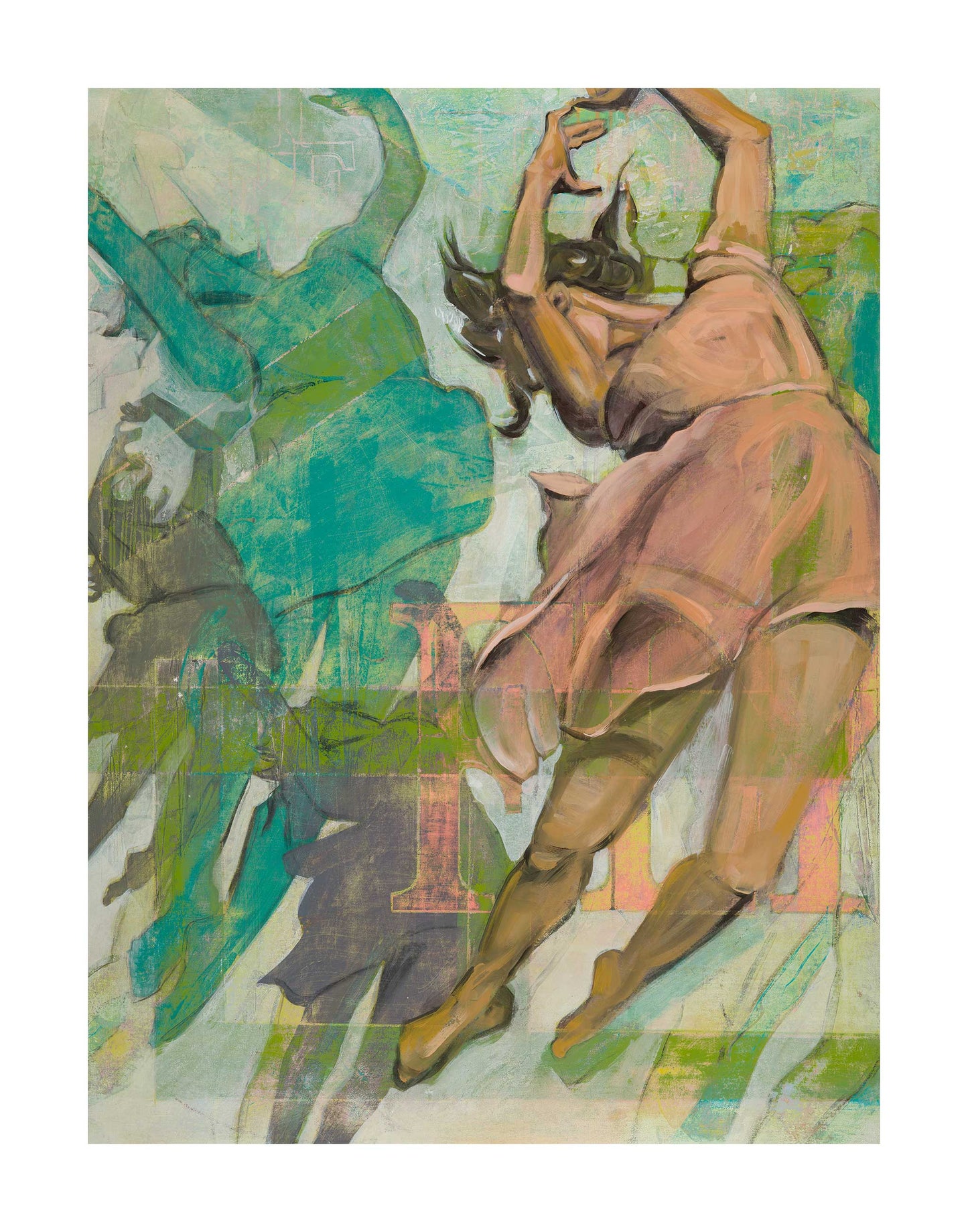 Limited edition archival giclee print of dancer in dusty rose dress with layered figures in teal and grey against sage and olive green background — portrait format, three sizes available. Image is 9x12 inches.