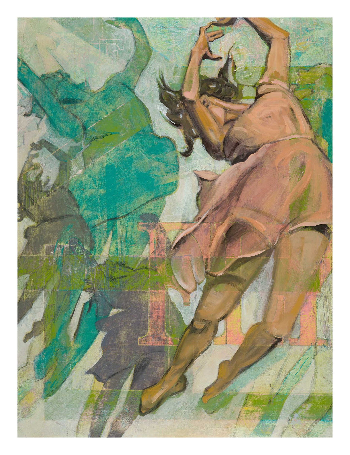 Limited edition archival giclee print of dancer in dusty rose dress with layered figures in teal and grey against sage and olive green background — portrait format, three sizes available. Image is 18X24 inches.
