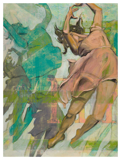 Limited edition archival giclee print of dancer in dusty rose dress with layered figures in teal and grey against sage and olive green background — portrait format, three sizes available. Image is 36X48 inches.