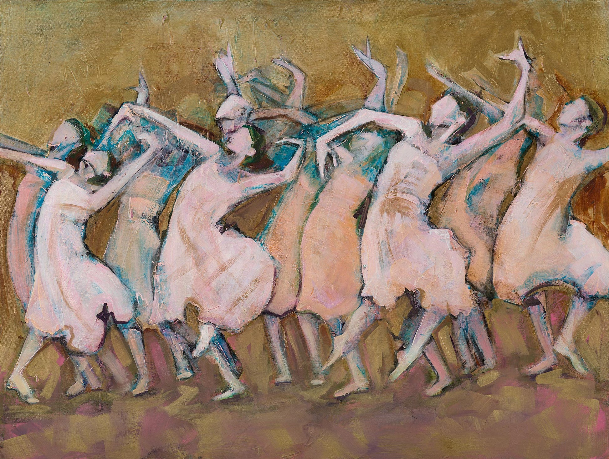 Original large acrylic painting of modern dancers in pale dresses moving in unison across warm golden background inspired by Pina Bausch choreography