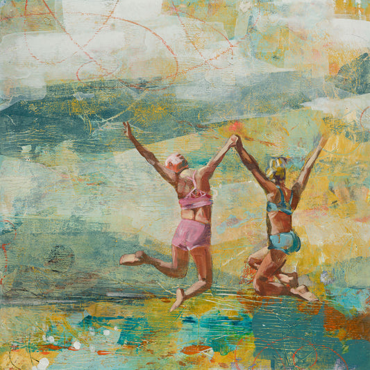 painting of two girls jumping in the air holding hands, one in a pink bathing suit and one in a blue bathing suit into an abstract representation of a lake in front of mountains and sky