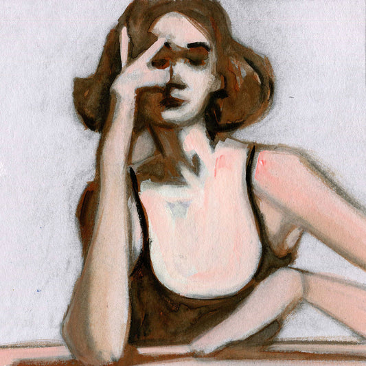 Woman in Black Tank I, original mixed media painting on paper by Denise Souza Finney, painted woman in black tank with neutral colors and dark black hair