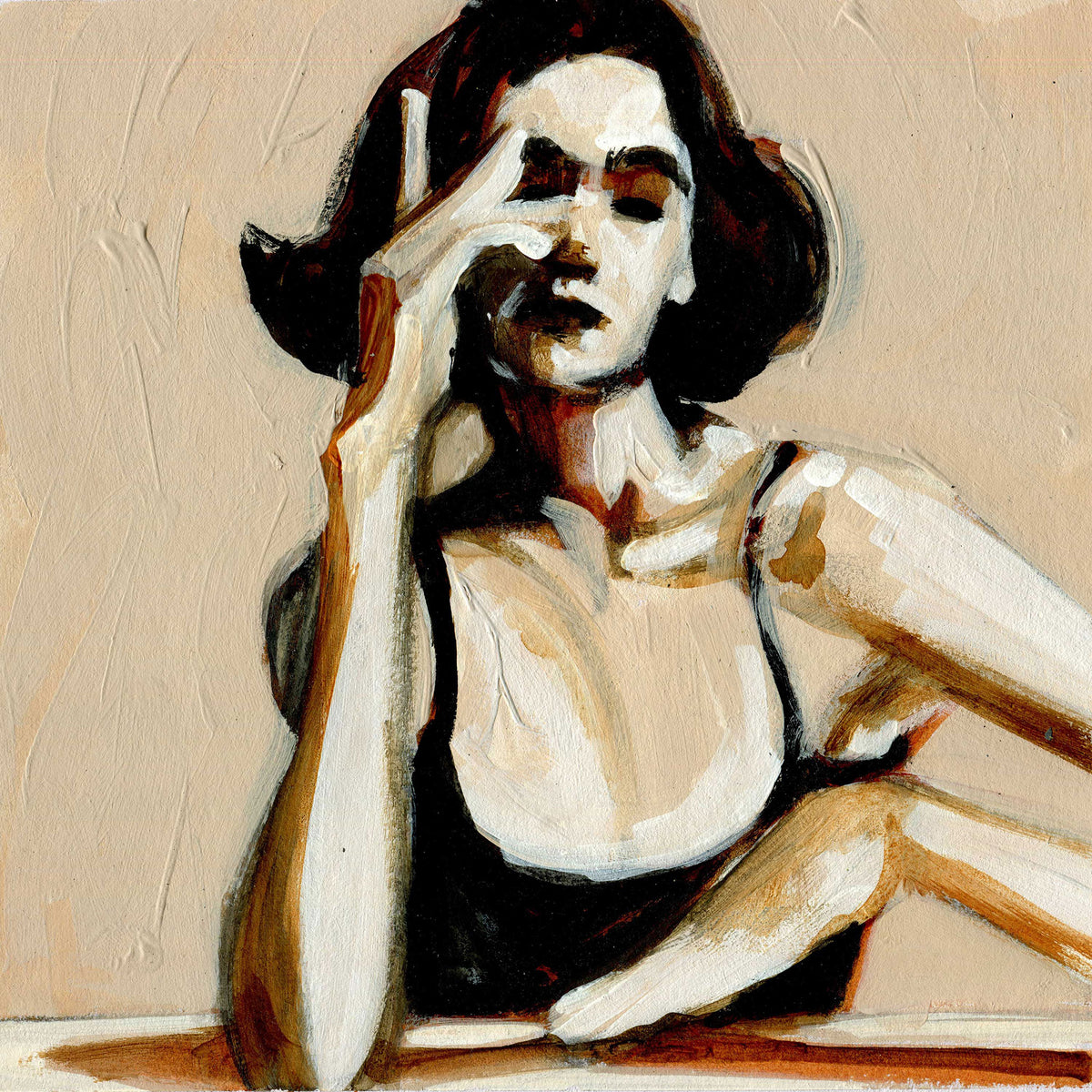 Woman in Black Tank II - Mixed Media on Paper, 8x8 inch