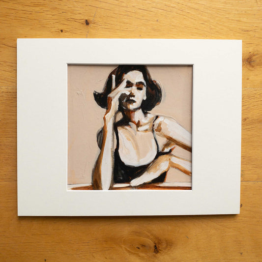 Woman in Black Tank II shown matted, painted woman in black tank with pink skin colors and dark brown hair